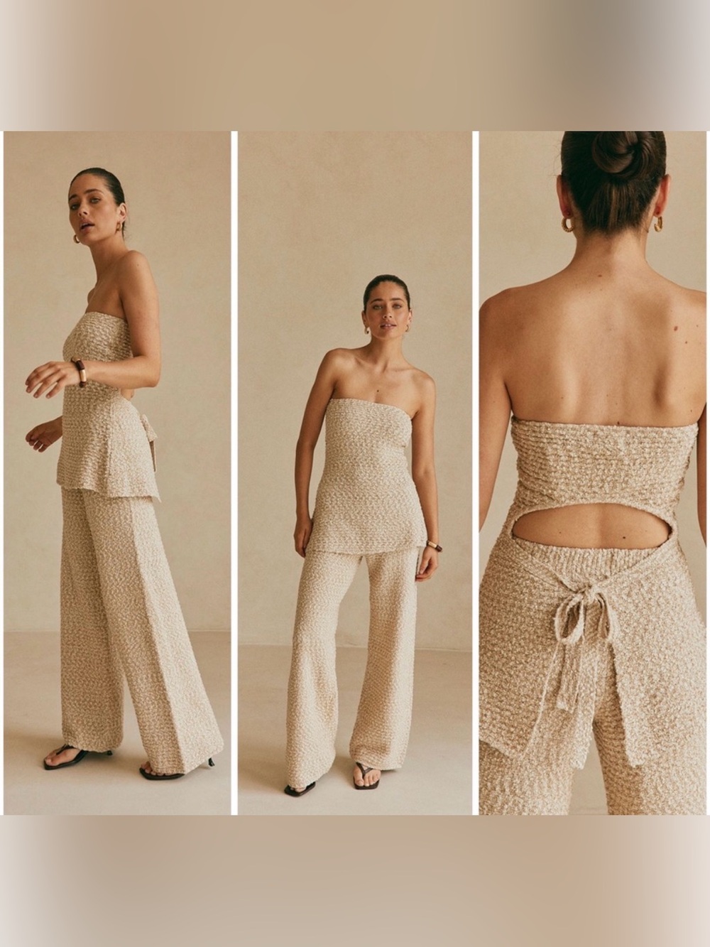 Sabo Set Women’s Beige Strapless Top Wide Leg Pants Coastal Resort Small Knit
